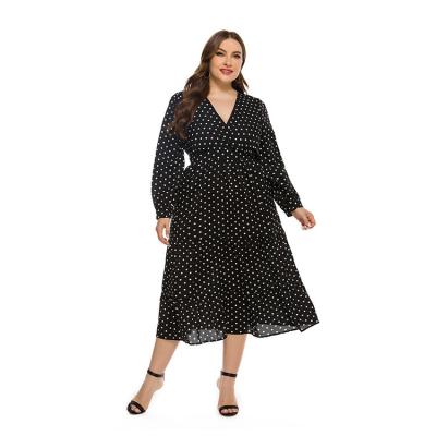 China Wholesale Xl-5xl LooseHot Selling Viable White Black V-neck Casual Long Sleeve Plus Size Women Clothing Midi Wave Point Casual Dress for sale