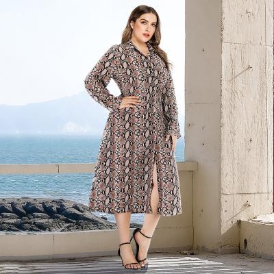 China Viable Plus Size Women Fashion Lapel SnakeskinSplit Cardigan Print Casual Long Print Split Long Sleeve Dress for sale