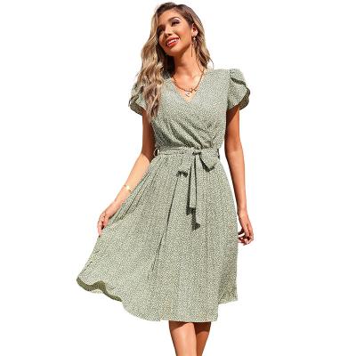 China Viable Europe and the United States hot selling summer 2022 new new printed green pleated V-neck plus size lace-up floral dressDress for sale