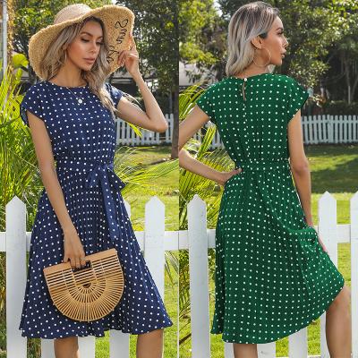 China Viable Wholesale Summer Loungewear Dresses Lady Customized Printing Elegant Women Plus Size Pleated Bandage Polka Dots Dress for sale