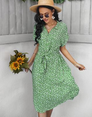 China Sustainable Summer Casual Turn Down Collar Floral Short Sleeve Dress Women Simple Bohemia Bandage Edge Dresses Ladies for sale