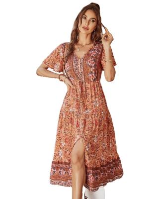 China 2022 Viable Printed V-Neckline Boho Dress Short Sleeve Chiffon Woman Long Dress Women Maxi Casual Plus Size Dress for sale