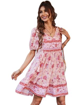 China Viable Plus Size Boho Dresses V Neck Tassels Loose Tunic Dress Rayon Floral Print Spring Summer Home Wear Bohemian Home Dress for sale