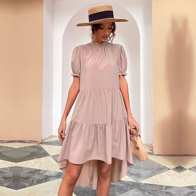 China Wholesale Viable Plus Size 2022 Summer New Solid Color Loose Pleated Dress Front Short Back Long Irregular O Neck Tie for sale