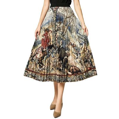 China Viable Hot Selling Organ Printed Plus Size Mid Length Satin Pleated Women's Retro Skirt Custom Made Ladies Style for sale