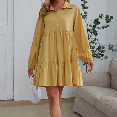 China 2022 viable spring and summer European new solid color American V-neck overalls short skirt long-sleeved casual loose dress for sale