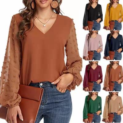 China 2022 viable summer new European and American women's V-neck spring and chiffon stitching loose big fur ball sleeve jacket women long for sale