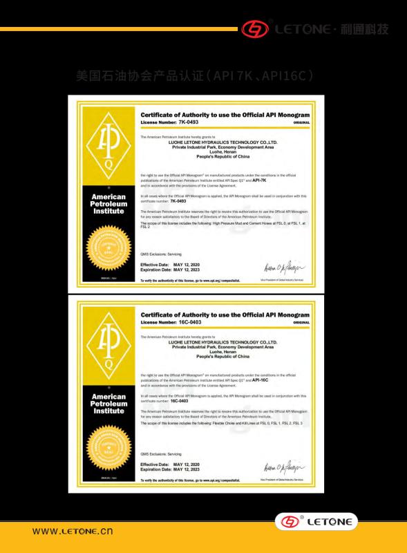 American Petroleum Institute product certification (API7K, API16C) - Luohe Letone Hydraulics Technology Co.,Ltd.