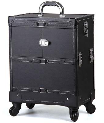 China Professinal Leather Carry/Show/PU Cosmetic Storage/Travel Black Trolley Case On Wheel, Beauty Case With Trays (HX-K001) for sale