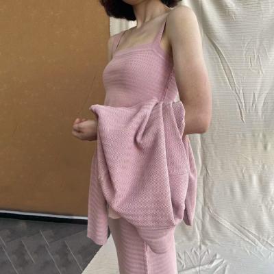 China New Breathable Custom High Quality Design Pink Autumn 3 Pieces Knit Yoga Vest Cardigan Dress Sweater Set Women Clothing for sale