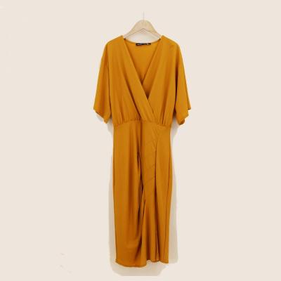 China Loose Summer V-Neck Floor Length Fabric Women's Long Split Casual Dress Washable With Bubble Waist for sale