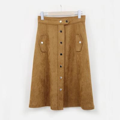 China Custom Made Ladies Waist Fashion Women Knee Length Button Elegant Suede High A Line Skirt for sale