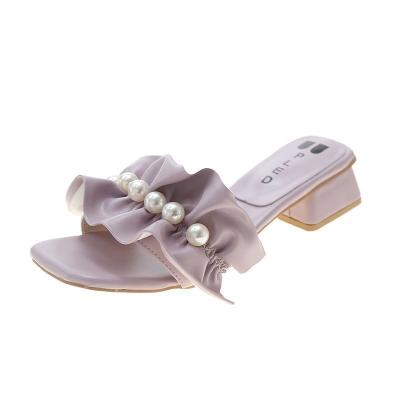 China 2022 Summer Fashion Summer Fashion High Heel Sandals Slippers Light Outdoor Fairy Style Ladies Pearl Women's Slides Slippers for sale