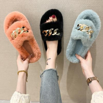 China Fashion trend autumn and winter fashion trend female cute decoration chain metal slippers plush hairy women's slippers for sale