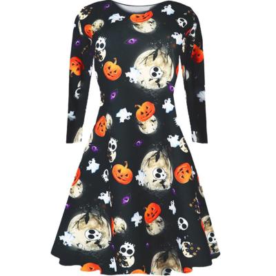 China Hot Selling Breathable Ladies New Arrival Halloween Printing Round Neck Long Sleeve A Line Dress for sale