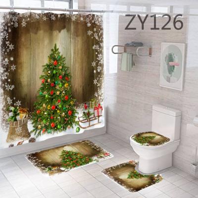 China Sustainable Printed Embroidered Shower Christmas Shower Curtain Mat With Shower Curtain Set for sale