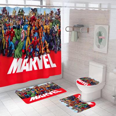 China Wholesale Custom Viable Print 100 Polyester Vintage Hero Character Bathroom 4 Pcs Blue Waterproof Shower Curtain Set For Kids for sale