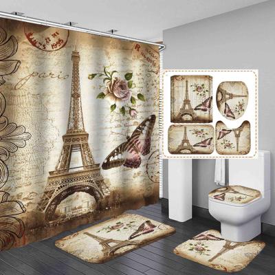 China Sustainable High Quality Custom 3D Printed Polyester Tower Landscape Bathroom Rug Set Waterproof Shower Curtain for sale