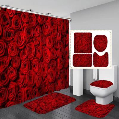 China 2022 Modern Wholesale Modern Red Rose Lover Flower Lover Polyester Viable Couples Valentines Day Waterproof Shower Curtain Bathroom Decorative Set for sale