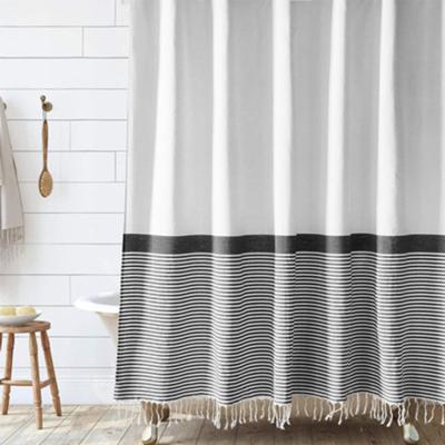 China Amazon Viable Hot Sale Modern Bathroom Blue And Gray Shower Curtain Striped Shower Curtain With Tassels for sale