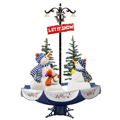 China PVC Factory Custom 170cm Electric Snowfall Led Musical Snowman Family Umbrella Shaped Christmas Tree With Umbrella Base for sale