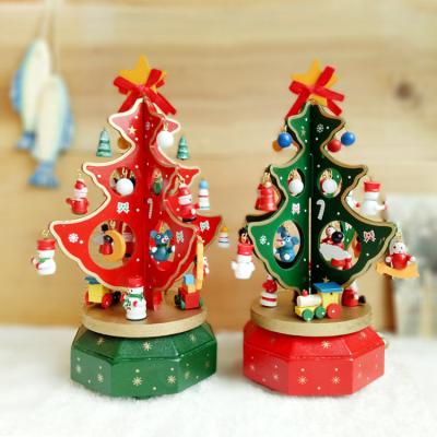 China Wooden Music Box Wooden Christmas Tree with Ornaments Mini Wooden Tabletop Christmas Tree for sale