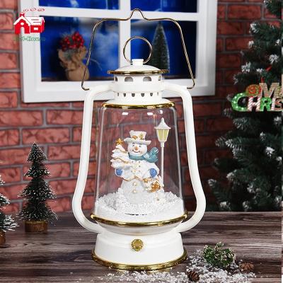 China Gifts Customized Santa Deer Xmas Snowman Tree Musical Decoration Lights Christmas Plastic Indoor Led Snowfall Lantern With Snowflake for sale