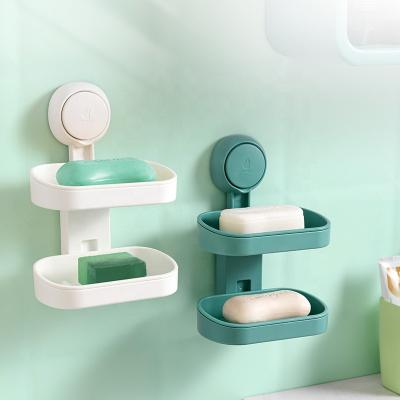 China Sustainable Bathroom Organizer Household Double Layer Wall Suction Cup Shower Caddy Dish Plastic Green Soap Dish Holder for sale