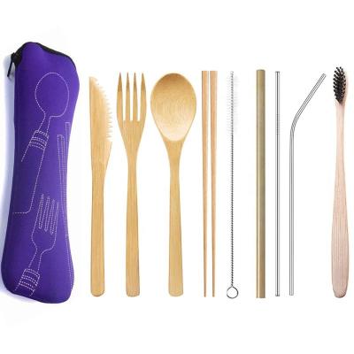 China Viable Custom Logo Bamboo Fork Knife Spoon Chopsticks Straw Toothbrush, Travel Reusable Bamboo Camping Cutlery Set With Cloth for sale