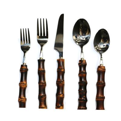 China Sustainable 304 Stainless Steel Flatware Set Reusable 100% Natural Bamboo Black Handle Cutlery Set for sale