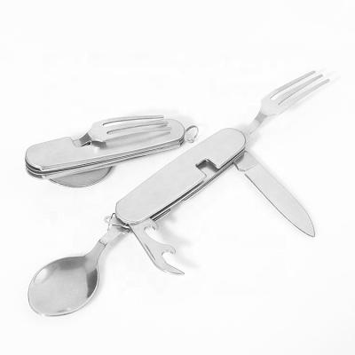 China Viable Outdoor Portable Foldable Stainless Steel Knife and Fork Spoon Opener Travel Cutlery Set for sale