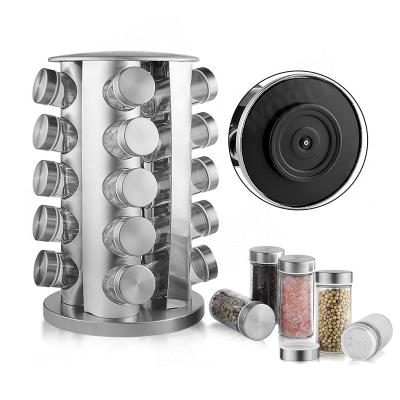 China Stocked 20 Jars Rotating Spice Rack Set Polished Stainless Steel Spice Container Tower Organizer With Plastic Sifter Seasoning Cap for sale