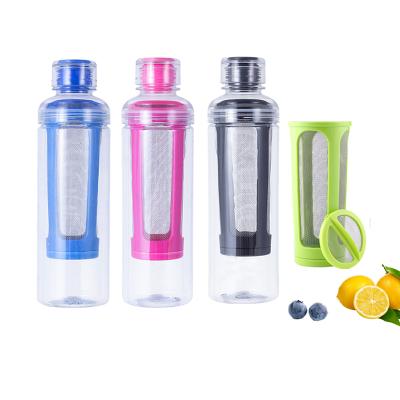 China Large Capacity BPA Free Viable Sports Drink Plastic Water Bottle with Long Juice Fruit Infuser Basket, Flip Lid Cover Leakproof 25oz for sale