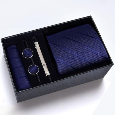 China Polyester Best Sell Cheap Custom Strip Fashion Style Ready Polyester Neckties Mens Ties Set Box Strip Cufflink Hanky Neck Tie Set Box for sale