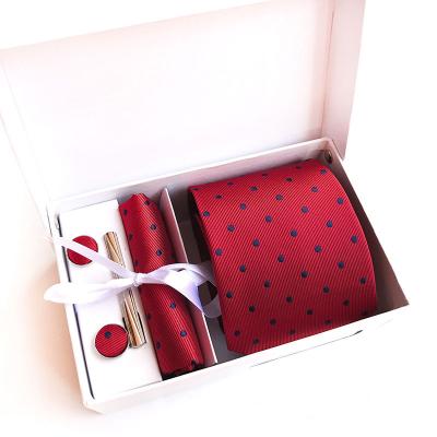 China Polyester Factory Direct Sell Plaid Polyester Jacquard Men Tie Suit Pocket Square Cuff Tie Clips Tie Gift Box for sale