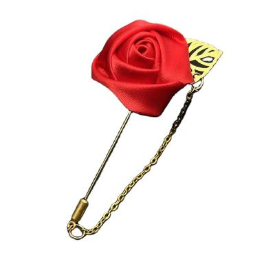 China Fashion Wholesale Men's And Women's Suits Jewelry Fabric Rose Flower Leaf Brooch Lapel Pins With Chain For Sale Hot Sell for sale