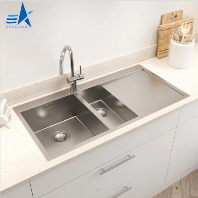 China With Faucet OEM ODM Topmount Double Bowl 304 Stainless Steel Easy Cleaning Handmade Kitchen Sink With Faucet for sale