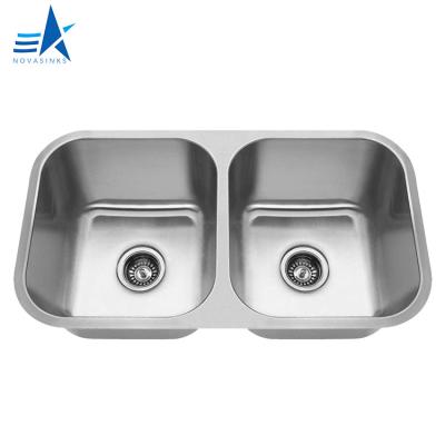 China Without Faucet Novasinks Durable Brushed Rectangular 304 Stainless Steel Double Bowl Undermount Kitchen Sink for sale