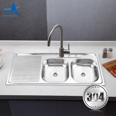 China With Faucet OEM ODM Double Bowl With Brushed Drain Panel Above Counter 304 Stainless Steel Insert Kitchen Sink for sale