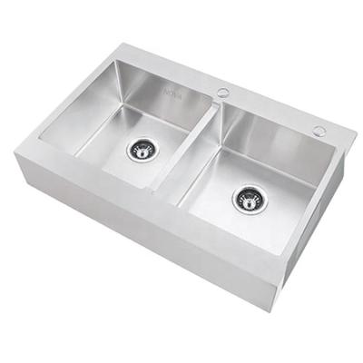 China With Faucet Handmade Apron Farmhouse 3322 Drop In Double Bowl 18 Gauge 1.2mm 304 For Wood Cabinet Kitchen Sink for sale