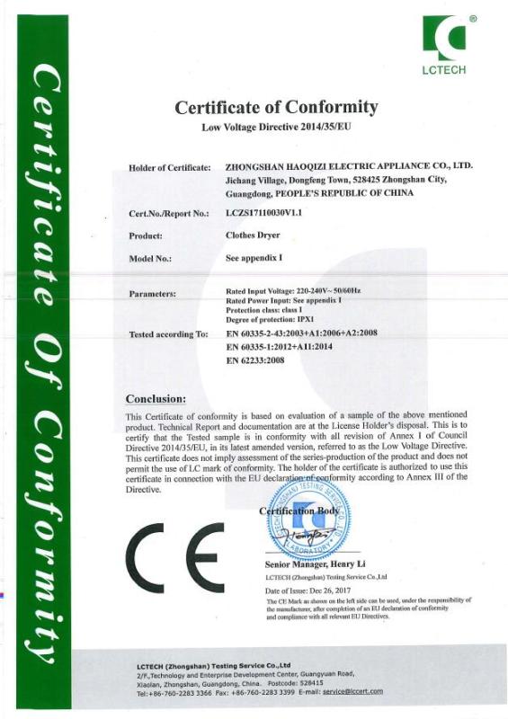 CE - Zhongshan Haoqizi Electric Appliance Co., Ltd.