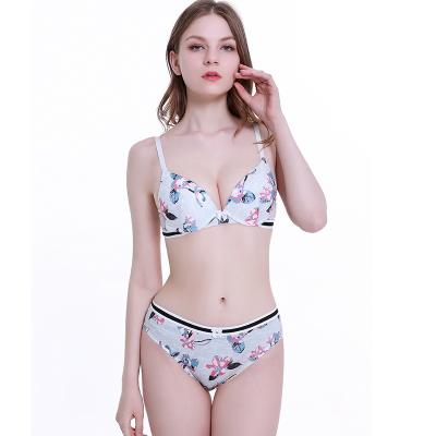 China High quality QUICK DRY floral print women plus size wire free 3/4 cup two piece backrest brattle bra and panties set for sale