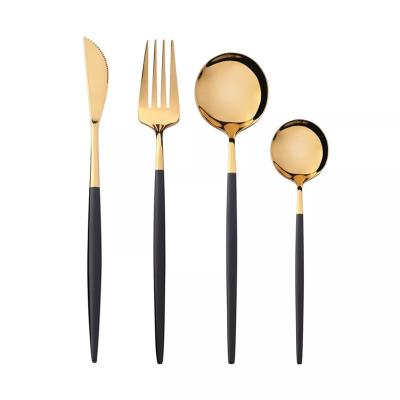 China Viable Hot Sale 24 Piece Gold Black Gold Kitchen Mirror Cutlery Spoon Knife Fork Restaurant Silverware Wedding Dinn Set Noble Gift Box for sale