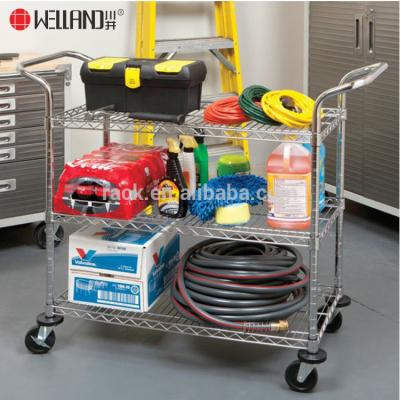 China DIY 3 Tiers Commercial Heavy Duty Chrome Steel Physical Distribution Used Wire Shelving Trolley Utility Cart for sale