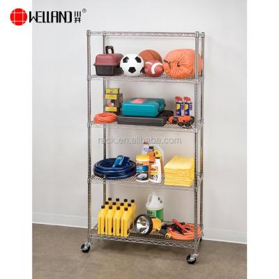 China Modern Garage Storage Heavy Duty Chrome Wire Units 5 Tier Adjustable Shelving Shelves Rack With Wheels for sale