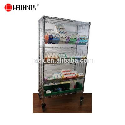 China Pharmacy Store Slope Wire Stocked Shelf , Chrome Plated Metal 5 Tiers Pharmacy Display Shelving for sale