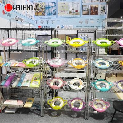 China Carbon Steel Canton Show Fair Product Display Rack Adjustable 4 Tiers Chrome Show Slant Wire Shelving for sale