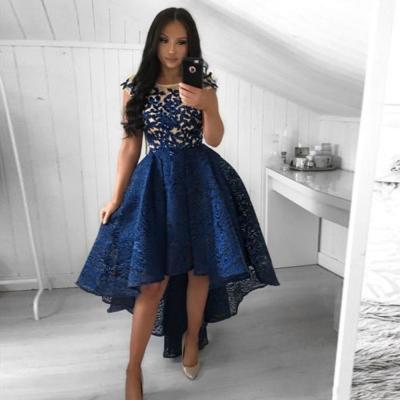 China Sexy Sheer Covered Sleeves Anti-Static Appliqued Blue High Low Bodice Lace Short Prom Dress For Girls for sale