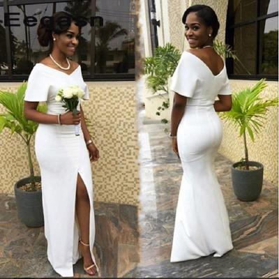 China 2019 Anti-static Modern Short Sheath White African V Neck Sleeves Bridesmaid Dresses Cheap for sale