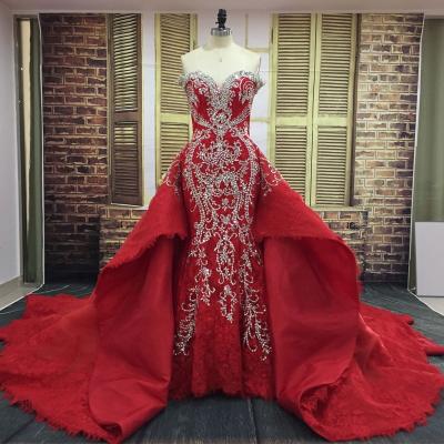 China Anti-Static Luxury Wedding Dressed 2021 Off The Shoulder Lace Embroidery Crystal Beading Mermaid Wedding Dress With Detachable Train for sale